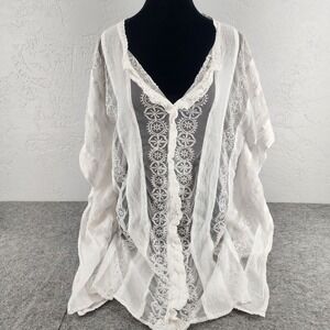 Samson White Sheer Lace Embroidered Ruffle Trim Kimono Cover Up Boho OS